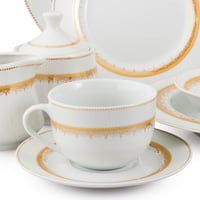 طقم عشاء بورسلان مدور اطار مزخرف ذهبي 49 قطعة 6 اش...