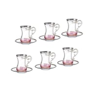 طقم شاي زجاج يد معدن 12 قطعة فضي وردي