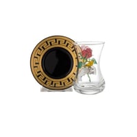 كاسات شاي زجاج شفاف ديكور وردة بصحن اسود 12 قطعة