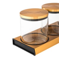 طقم علب سكر وشاي وقهوة زجاج بقاعدة وغطاء معدن ذهبي...