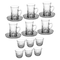 طقم كاسات شاي وقهوة زجاج مزخرف سادة 18 قطعة