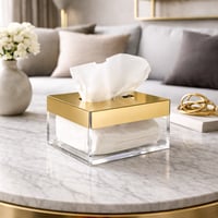 علبة مناديل لكرليك شفاف بفطاء معدن ذهبي مربعة مقاس...