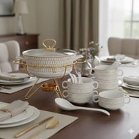 طقم شوربة بورسلان ابيض وذهبي 16 قطعة مع استاند ذهب...