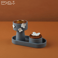 طقم مبخرة جبس مع علبة عود وصحن معدن رمادي وابيض