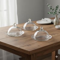 طقم صحون تقديم كيك زجاج شفاف بغطاء 3 قطعة مقاس 10...