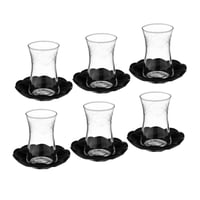 طقم كاسات شاي زجاج تركي حفر بنتو غراف بصحن اسود 6...