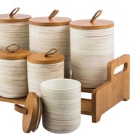 طقم علب سكر وشاي وبهارات سيراميك بغطاء و حامل خشب...
