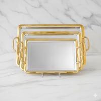 طقم صواني امواج معدن مستطيل مزخرف فضي و ذهبي 3 قطع...