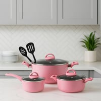 طقم قدور نيوفلون روز وردي بطبقة مانع الالتصاق بغطا...