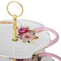 صحن تقديم بورسلان زهور وردي بحامل ذهبي