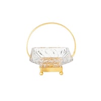 صحن حلاوة زجاج مربع بقاعدة وحامل معدن ذهبي