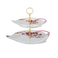 صحن تقديم بورسلان زهور وردي بحامل ذهبي