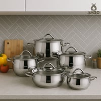 طقم قدور استيل تركي 18/10 امبوس 10 قطعة غطاء زجاج