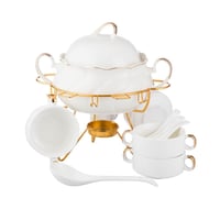 طقم شوربة بورسلان ابيض وذهبي 16 قطعة مع استاند ذهب...