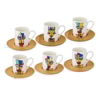 طقم فناجين قهوة تركي ابيض برسومات بيكاسو صحن خشب 6...