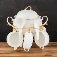 طقم شوربة بورسلان ابيض وذهبي 16 قطعة مع استاند ذهب...