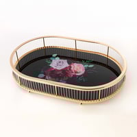 صينية تقديم معدن وزجاج اسود وذهبي بيضاوي