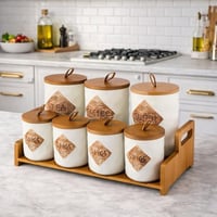 طقم علب سكر وشاي و بهارات بورسلان مع استاند خشب 7...