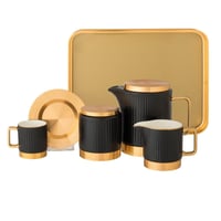 طقم قهوة تركي مع براد بورسلان اسود بقاعدة وغطاء ذه...