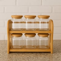 طقم علب بهارات زجاج مع استاند خشب 6 قطعة 2 دور