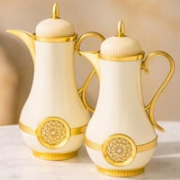 طقم ترامس 2 قطعة لؤلؤي وذهبي بديكور جنيه