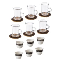 طقم فناجين شاي وقهوة 18 قطعة صحن خشب