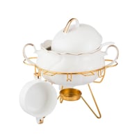 طقم شوربة بورسلان ابيض وذهبي 16 قطعة مع استاند ذهب...