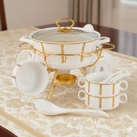 طقم شوربة بورسلان ابيض وذهبي 16 قطعة مع استاند ذهب...