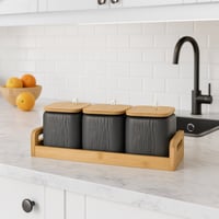 طقم علب سكر وشاي وبهارات مع ملاعق بورسلان رمادي بغ...