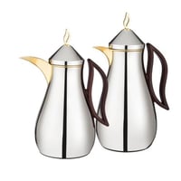 طقم ترمس ودلة هديل معدن نيكل لامع وذهبي بيد خشبي 2...