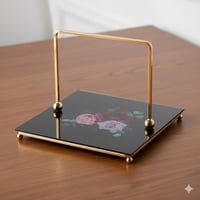 صحن تقديم زجاج اسود بحامل معدن ذهبي