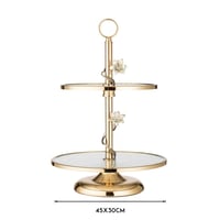 شيالة كيك وحلويات معدن ذهبي بصحن زجاج مثلج 2 دور