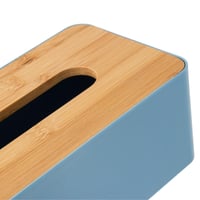 علبة مناديل بلاستيك لون ازرق بغطاء خشب