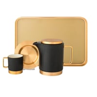 طقم شاي مع براد بورسلان اسود ومعدن ذهبي 14 قطعة