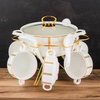 طقم شوربة بورسلان ابيض وذهبي 16 قطعة مع استاند ذهب...