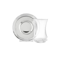 طقم كاسات شاي زجاج شفاف مع صحن معدن فضي 6 اشخاص