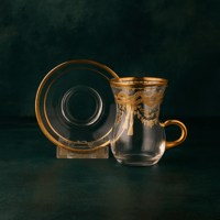 طقم فناجين شاي كريستال تركي حفر ليزر ذهبي فاخر رسم...