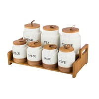 طقم علب سكر وشاي و بهارات بورسلان مع استاند خشب 7...