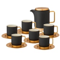 طقم شاي مع براد بورسلان اسود ومعدن ذهبي 14 قطعة