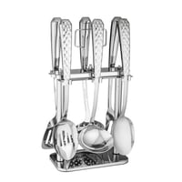 طقم ملاعق طبخ معدن فضي مع استاند 7 قطعة