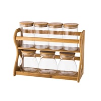 طقم علب سكر وشاي وبهارات زجاج مع استاند خشب