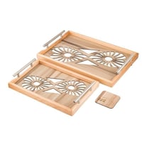 طقم صواني خشب 2 قطعة بيد معدن ارضية مزخرفة مع طبقة...