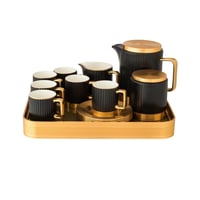 طقم قهوة تركي مع براد بورسلان اسود بقاعدة وغطاء ذه...