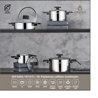 طقم قدور استيل تركي 18/10 امبوس 8 قطعة غطاء زجاج