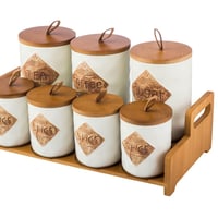 طقم علب سكر وشاي و بهارات بورسلان مع استاند خشب 7...