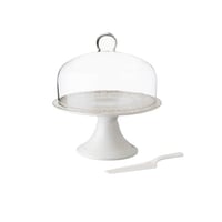 صحن كيك بورسلان بغطاء زجاج مع جاروف