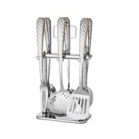 طقم ملاعق طبخ استيل وذهبي مع استاند 7 قطعة