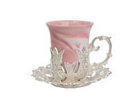 طقم بيالات شاهي مع صحن استيل - وردي فضي