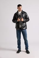 جاكيت جلد بقصة واسعة للجنسين أسود