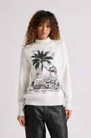 بلوفر بطباعة ورقبة عالية للجنسين أبيض